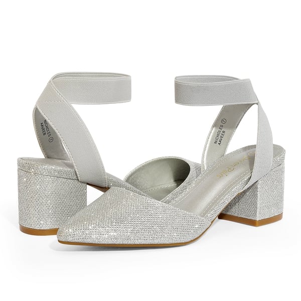 Pointed Toe Pumps with Ankle Strap - SILVER GLITTER - 3